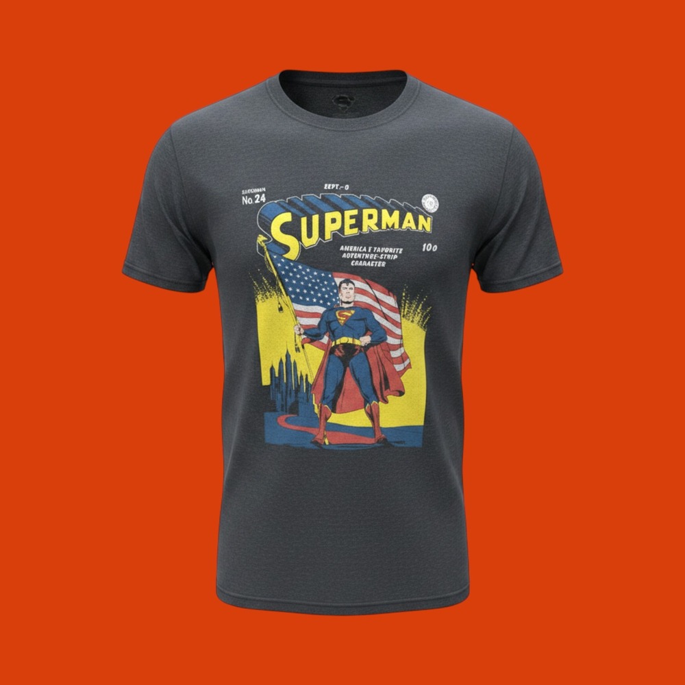 Superman Mens Graphic T-Shirt‎ Navy Heather Vintage Comic Flag Large Tall LT New
